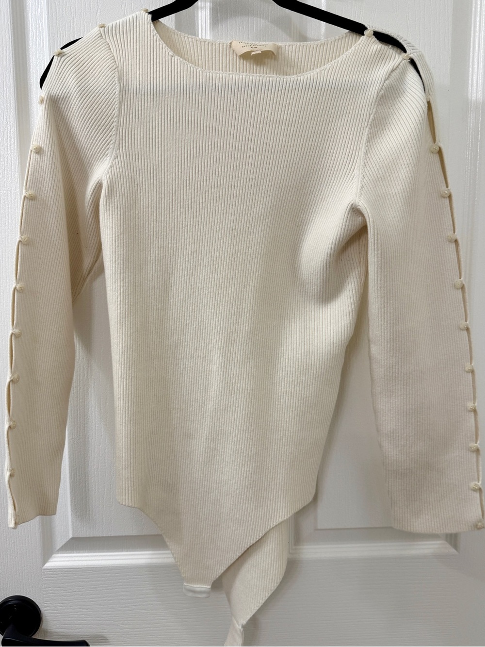 Sézane Ribbed Merino Wool Blend Button Sleeve Bodysuit Ivory XL